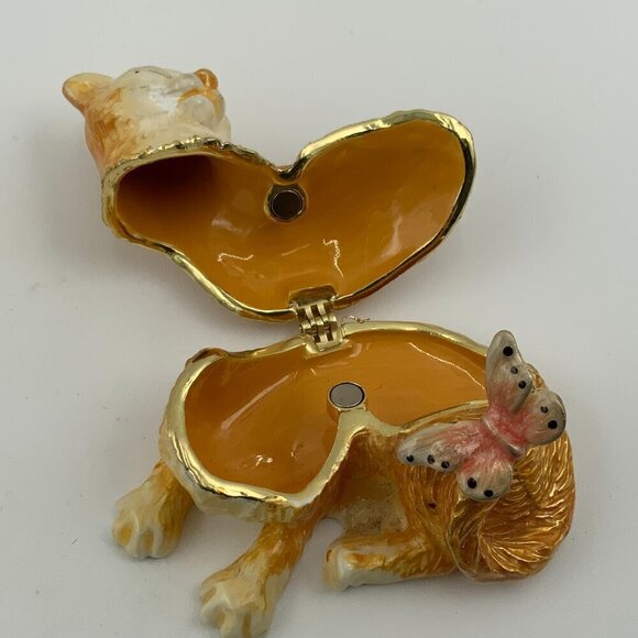 Cat with Butterfly Hinged Trinket Box, Jeweled & Enamel - NEW - Picture 2 of 10